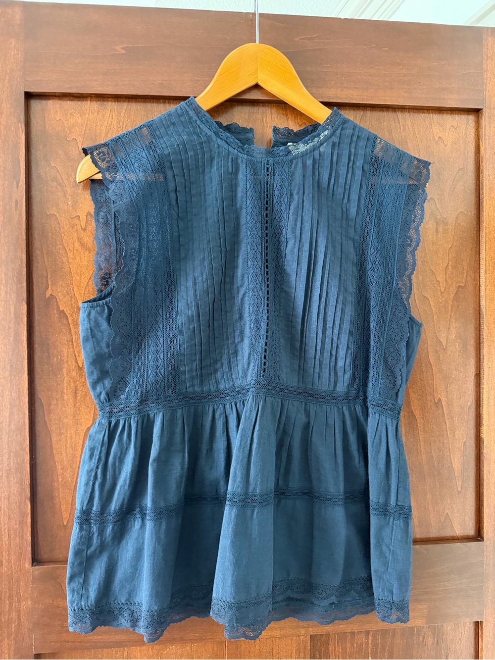 THE GREAT. Navy Lace-Trim Pintuck Peplum Top
